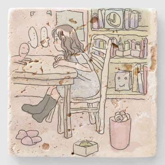 さいくさじ　机に向かう ストーンコースター (正面)