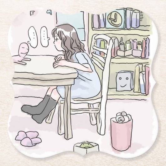 さいくさじ　机に向かう ペーパーコースター (正面)