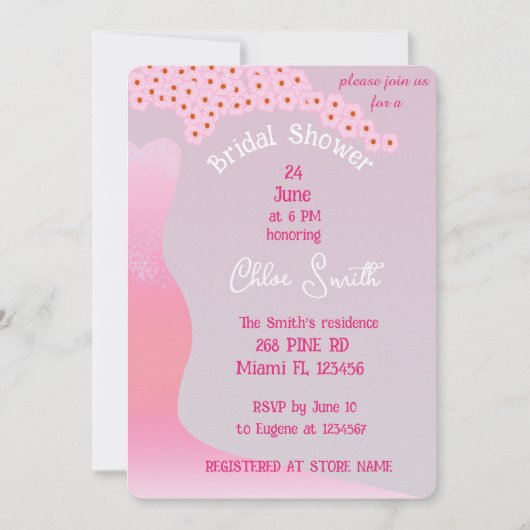 さくらの花を飾ったピンクのウェディングドレス ブライダルシャワー 招待状 (正面)