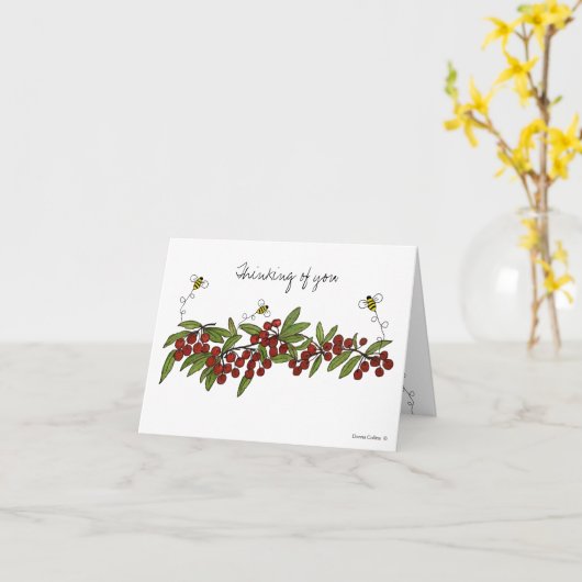 さくらんぼおよびのまわりに空白のノートカード カード (黄色い花)