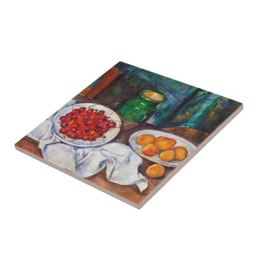 さくらんぼおよびモモが付いているポールセザンヌの静物画 タイル (側面)