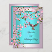 さくらんぼかわいらしブロッサムティール(緑がかった色)ブルーピンクパーティー2 招待状 (正面/裏面)