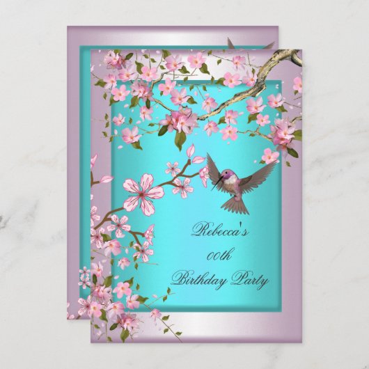 さくらんぼかわいらしブロッサムティール（緑がかった色）ブルーピンクパーティー2 招待状 (正面/裏面)
