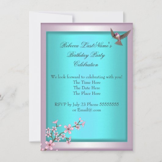 さくらんぼかわいらしブロッサムティール（緑がかった色）ブルーピンクパーティー2 招待状 (裏面)