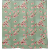 さくらんぼがピンクとティール（緑がかった色）に咲く シャワーカーテン (正面)