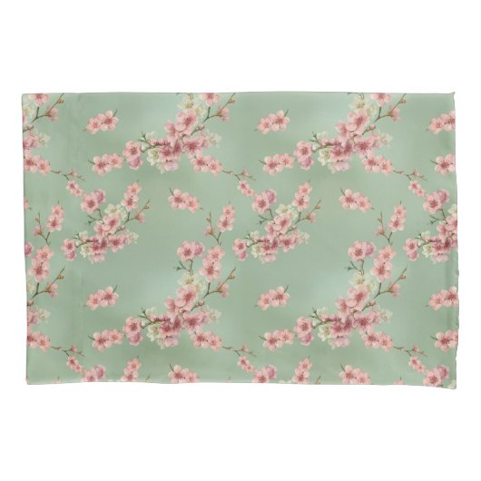 さくらんぼがピンクとティール（緑がかった色）に咲く 枕カバー (正面左)