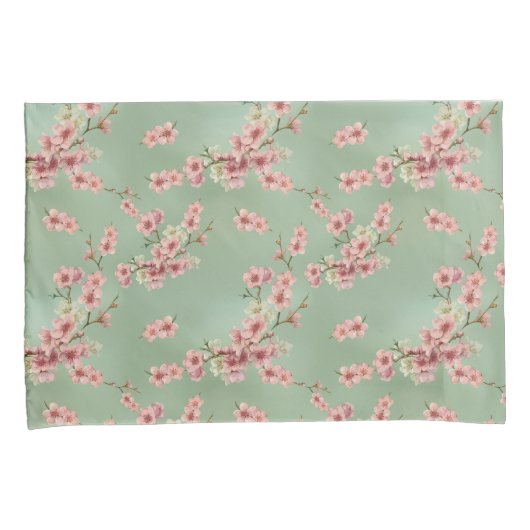 さくらんぼがピンクとティール（緑がかった色）に咲く 枕カバー (正面右)
