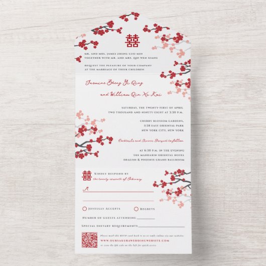 さくらんぼが二倍の幸福中国のを結婚咲かせる オールインワン招待状 (内側)