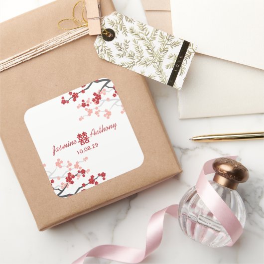 さくらんぼが二倍の幸福中国のを結婚咲かせる スクエアシール (ギフト)