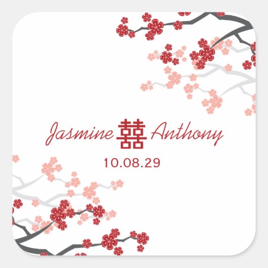 さくらんぼが二倍の幸福中国のを結婚咲かせる スクエアシール (正面)