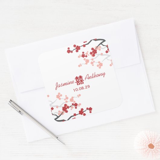 さくらんぼが二倍の幸福中国のを結婚咲かせる スクエアシール (封筒)