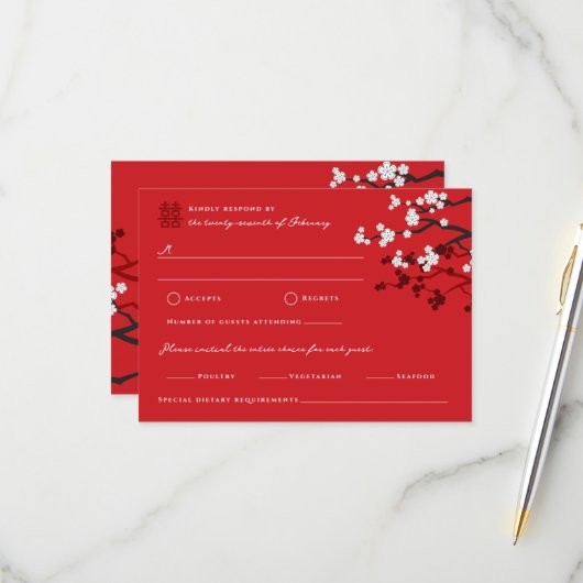 さくらんぼが二倍の幸福中国のを結婚咲かせる 出欠カード (正面/裏面インサイチュ)