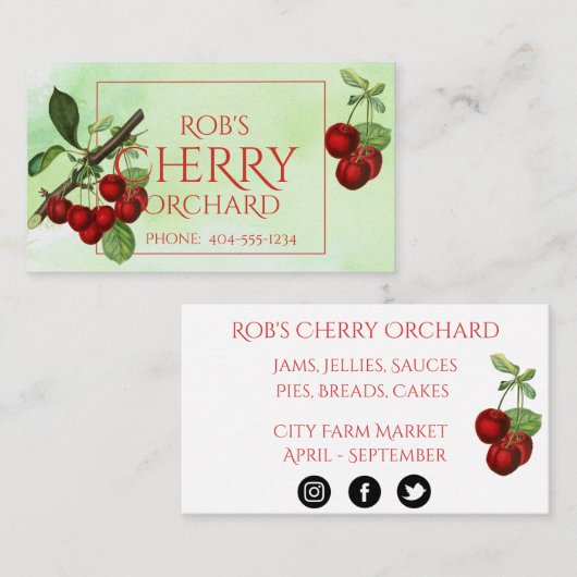 さくらんぼが緑の名刺に収まる 名刺 (正面/裏面)