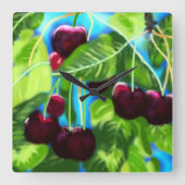 さくらんぼつるズ分岐さくらんぼ赤緑 スクエア壁時計 (正面)