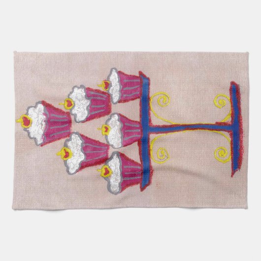 さくらんぼとピンクの背景を持つカップケーキアートプリント キッチンタオル (横)