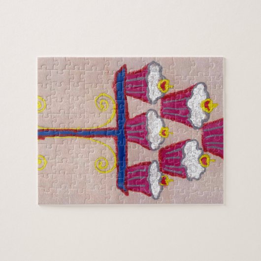 さくらんぼとピンクの背景を持つカップケーキアートプリント ジグソーパズル (横)