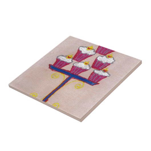 さくらんぼとピンクの背景を持つカップケーキアートプリント タイル (側面)