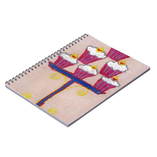 さくらんぼとピンクの背景を持つカップケーキアートプリント ノートブック (左側)