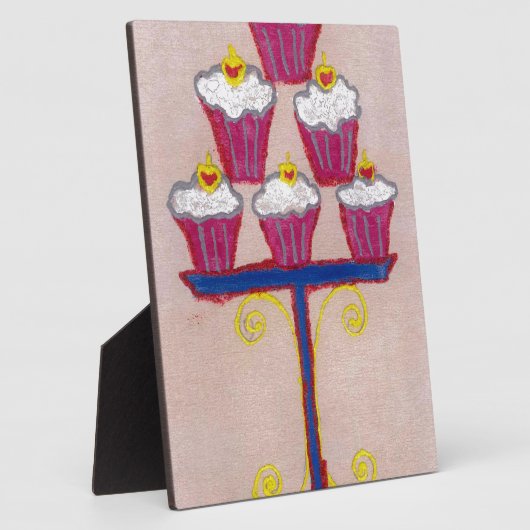 さくらんぼとピンクの背景を持つカップケーキアートプリント フォトプラーク (側面)