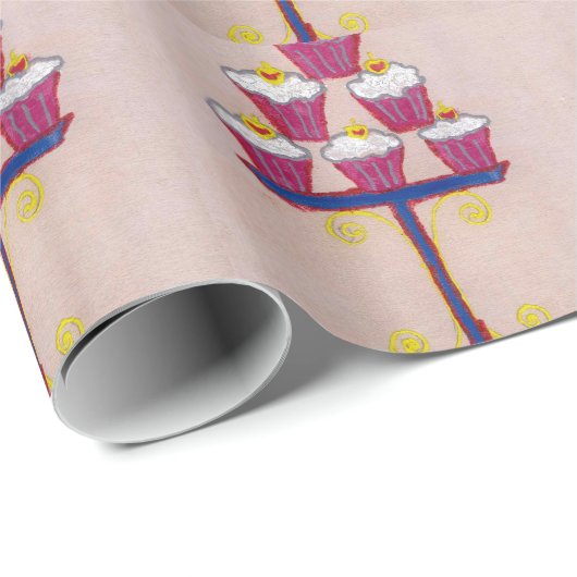 さくらんぼとピンクの背景を持つカップケーキアートプリント ラッピングペーパー (ロールコーナー)