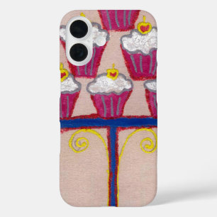 さくらんぼとピンクの背景を持つカップケーキアートプリント iPhone 16ケース