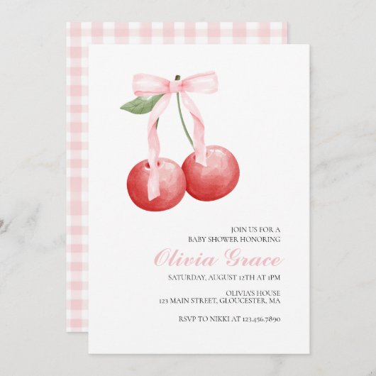 さくらんぼとピンクジンガム名門私立校風の赤ちゃんシャワー 招待状 (正面/裏面)