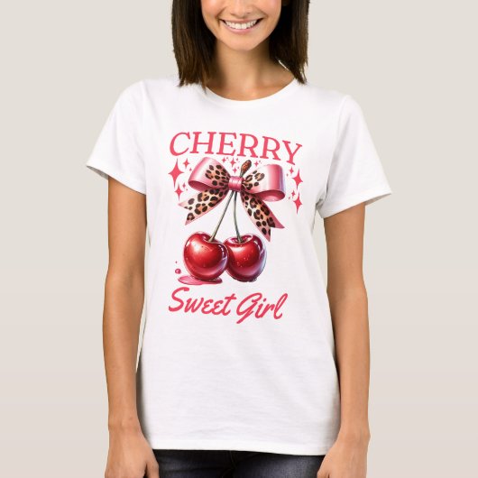 さくらんぼとピンクボウ女性 Tシャツ (正面)
