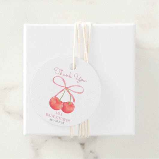 さくらんぼとピンクリボンウォーター色ガールベビーシャワー フェイバータグ (インサイチュ)