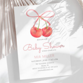さくらんぼとピンクリボンウォーター色ガールベビーシャワー 招待状