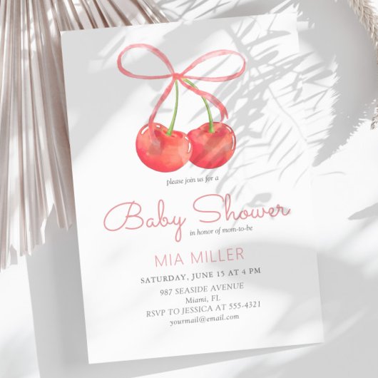 さくらんぼとピンクリボンウォーター色ガールベビーシャワー 招待状