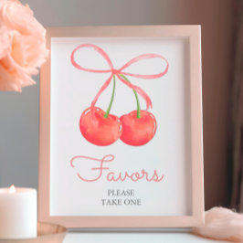 さくらんぼとピンクリボンベビーシャワーの好意サイン フォトプリント           