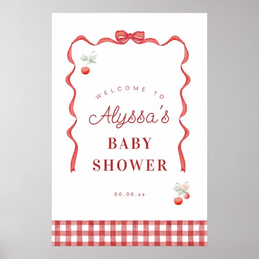 さくらんぼと赤リボン赤ちゃんシャワーへようこそ ポスター (正面)