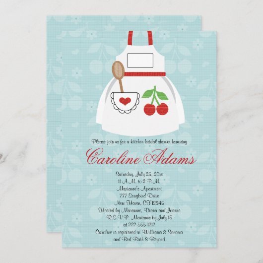 さくらんぼのエプロンブライダルシャワーの招待状の赤および青 招待状 (正面/裏面)