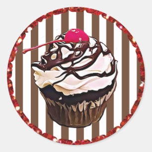さくらんぼのステッカーが付いているチョコレートカップケーキ ラウンドシール