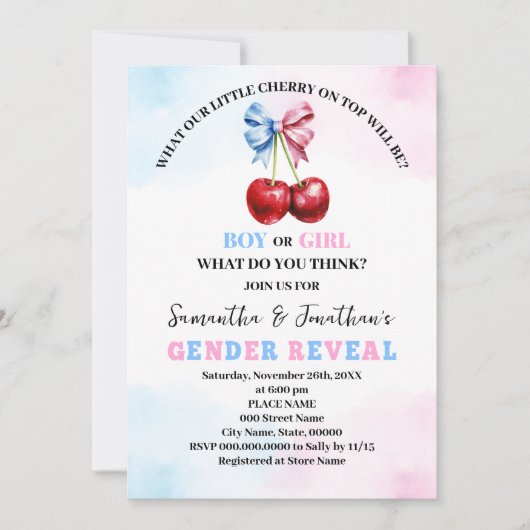 さくらんぼのトップピンクまたはブルージェンダーの表示 招待状 (正面)