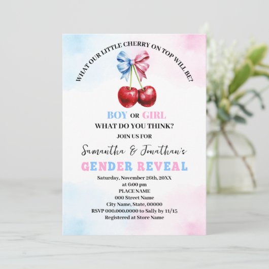 さくらんぼのトップピンクまたはブルージェンダーの表示 招待状 (スタンド正面)