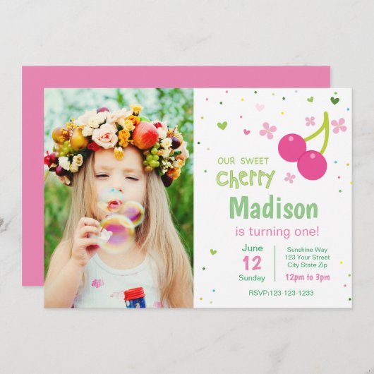さくらんぼの写真を持つピンクの誕生日の招待状 招待状 (正面/裏面)