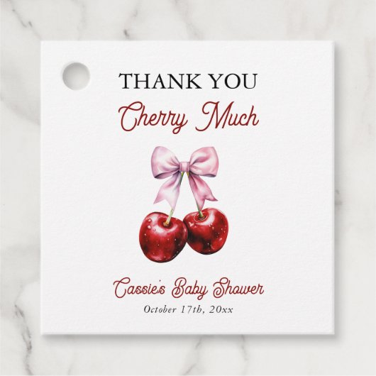 さくらんぼの多くのピンクボウ赤ちゃんシャワーありがとう フェイバータグ (正面)