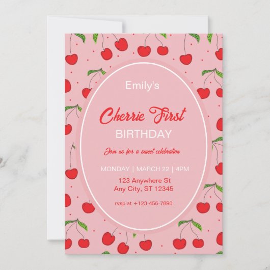 さくらんぼの最初の誕生日パーティーの招待 シーズンカード (正面)
