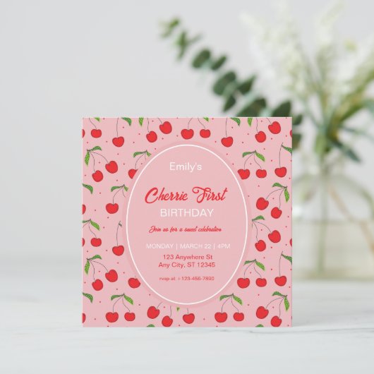 さくらんぼの最初の誕生日パーティーの招待 招待状 (スタンド正面)