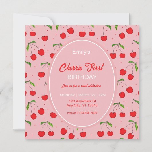 さくらんぼの最初の誕生日パーティーの招待 招待状 (正面)