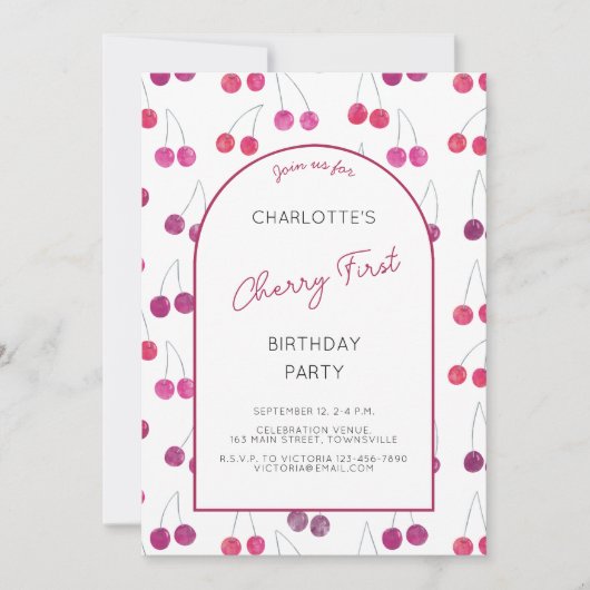 さくらんぼの最初の誕生日パーティーの招待 招待状 (正面)