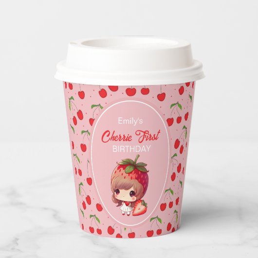 さくらんぼの最初の誕生日パーティーの招待 紙コップ (裏面)