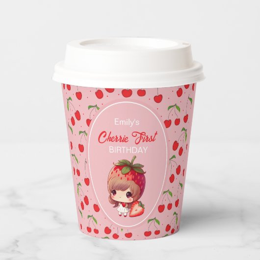さくらんぼの最初の誕生日パーティーの招待 紙コップ (正面)