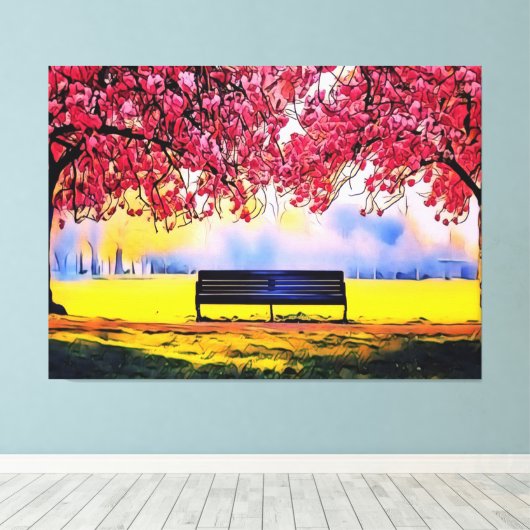 さくらんぼの木とベンチの美しい風景 キャンバスプリント (インサイチュ (ウッドフロア))