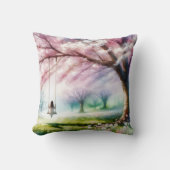 さくらんぼの木に女の子がスイングする クッション (正面)