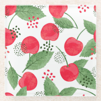 さくらんぼの果実ヴィンテージ、水色シームレス。 ガラスコースター