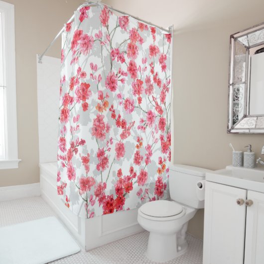 さくらんぼの枝が白と灰色の背中に咲く シャワーカーテン (インサイチュ)