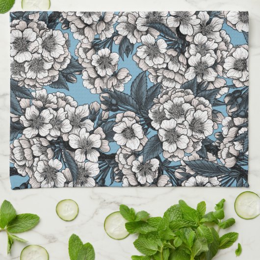 さくらんぼの白と青 キッチンタオル (折り畳み)
