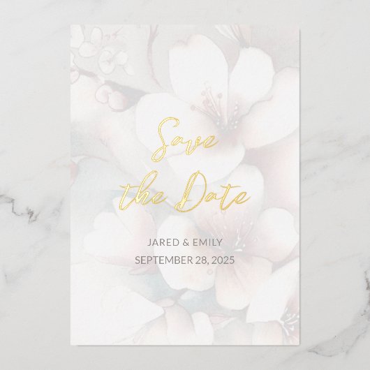 さくらんぼの結婚花の葉の日付を保存 箔招待状 (正面)